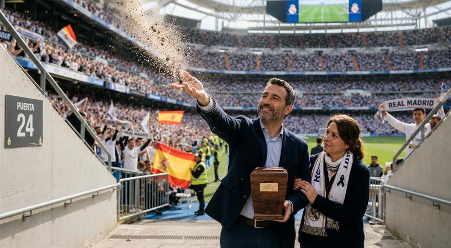 Familia esparciendo cenizas en las gradas de un estadio de fútbol