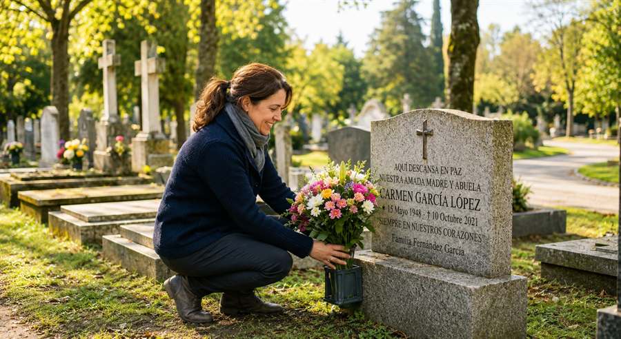 Una mujer deja con cariño un ramo de flores frente a la lápida de su madre en un día soleado