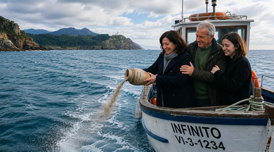 Una familia esparce las cenizas de un ser querido en el mar desde un barco al atardecer